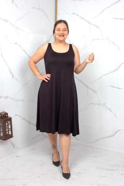 Truva XXL Thick Strap Crystal Viscose Plus Size Dress Black