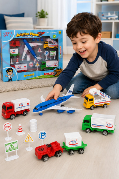 RCO Set tematic aeroport cu avion, vehicule si indicatoare, multicolor, 19 pi...