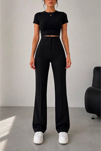 BILDEŞA Women's Black High Waist Gathering Flared Leg Paazzo Pants