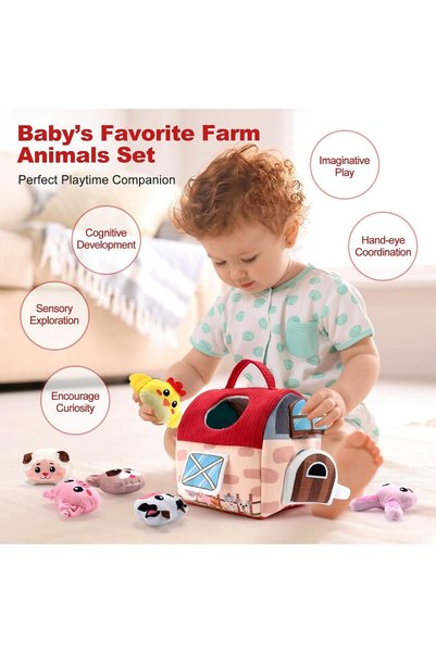 TOYBY Montessori Baby Toys 6 to 12 Months,Soft Farm Animal Shape Sorter Toys with 6pc Stuffed Farm Animals Plush toy, Rattle,Crinkle Paper,Mirror,Sensory Toys for Toddlers 1-3