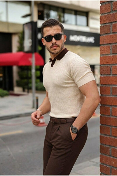 pazarella Men's Collar Detailed Patterned Textured Knitwear T-Shirt