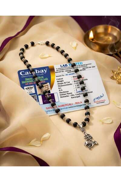 Generic Original 7MM German Silver Cap Karungali Mala with Trishool Nandi Pendant, 54 Beads, Lab Certified