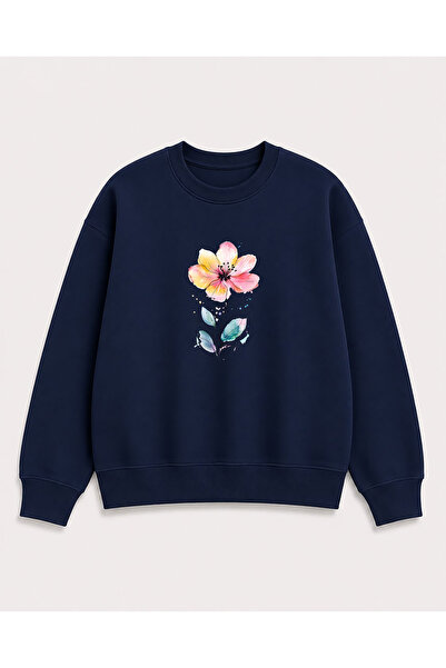 herkesemoda Floral Print Detailed Crew Neck Ribbed 2 Thread Sweatshirt