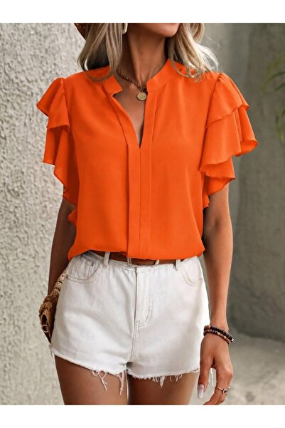 Veraura Lifestyle Women's Short Sleeve V High Neck Dubai Blouse with Ruffled ...