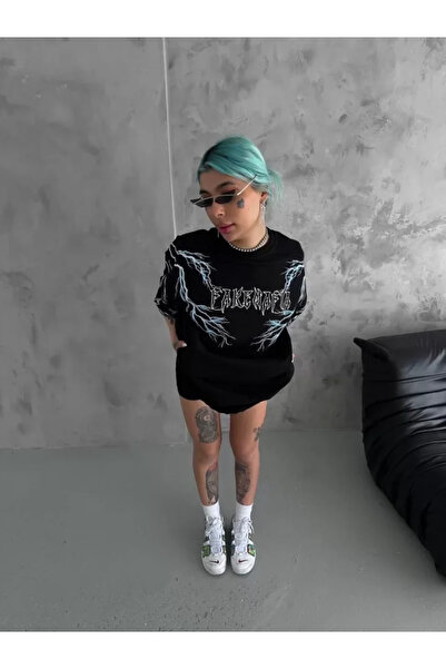 pazarella Unisex Crew Neck Printed Oversize T-Shirt - Black
