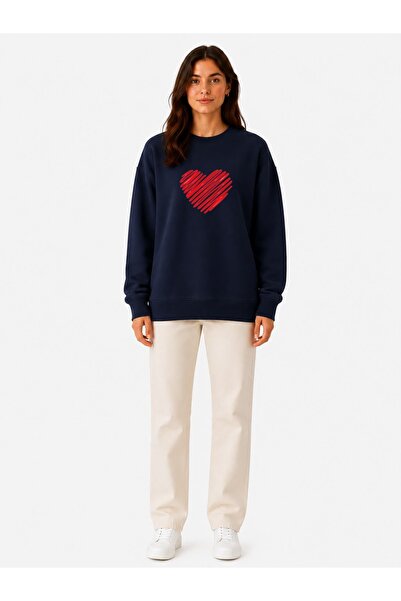 herkesemoda Red Heart Print Detailed Shirred 2 Thread Crew Neck Sweatshirt