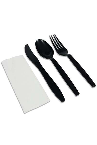 Generic 50 Pieces Each Black Plastic Cutlery Set Spoons Knives Forks Napkins ...