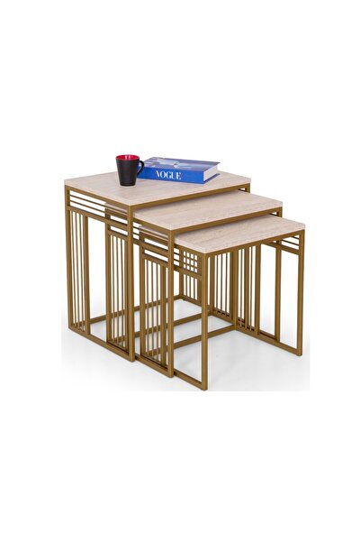 Vivense MİLANO ZİGON SEHPA, GOLD METAL AYAKLI TRAVERTEN ÜST TABLALI