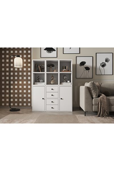 Vivense LEKSA 2 KAPAKLI ÇEKMECELİ RAFLI KİTAPLIK 97 CM BEYAZ KTP-1068-Ç