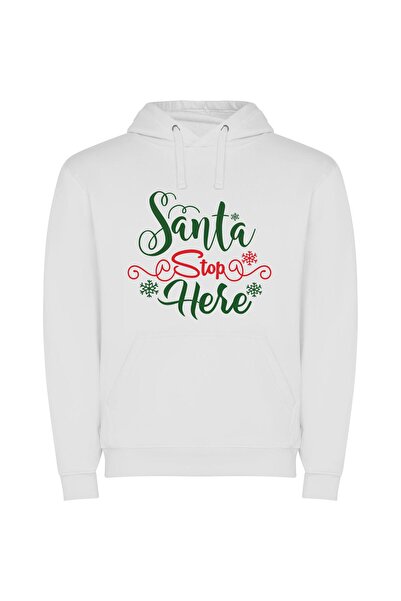 iLovePrints Merry Santa Stop Here Φούτερ με κουκούλα σε χρώμα Λευκό