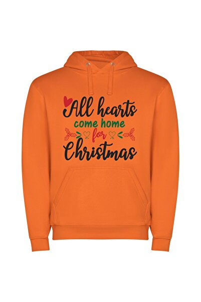 iLovePrints Hearts Home for Christmas Φούτερ με κουκούλα σε χρώμα Πορτοκαλί