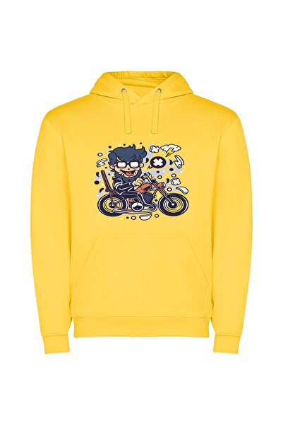 iLovePrints Cartoon Biker Adventure Φούτερ με κουκούλα σε χρώμα Κίτρινο