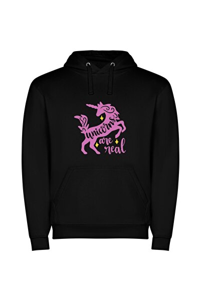 iLovePrints Real Unicorns, Magical Reality Φούτερ με κουκούλα σε χρώμα Μαύρο