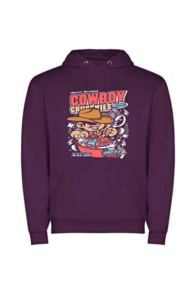 iLovePrints Cereal-Eating Cowboy: Western Comic Φούτερ με κουκούλα σε χρώμα Μωβ