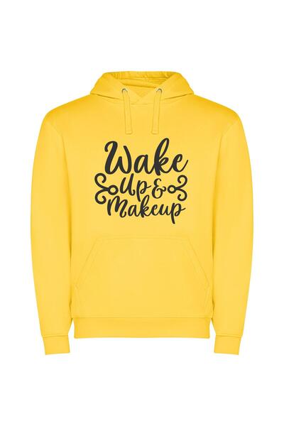 iLovePrints Wake Make Up, No Makeup Φούτερ με κουκούλα σε χρώμα Κίτρινο