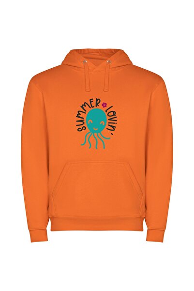 iLovePrints Summer's Floral Octopus Bliss Φούτερ με κουκούλα σε χρώμα Πορτοκαλί
