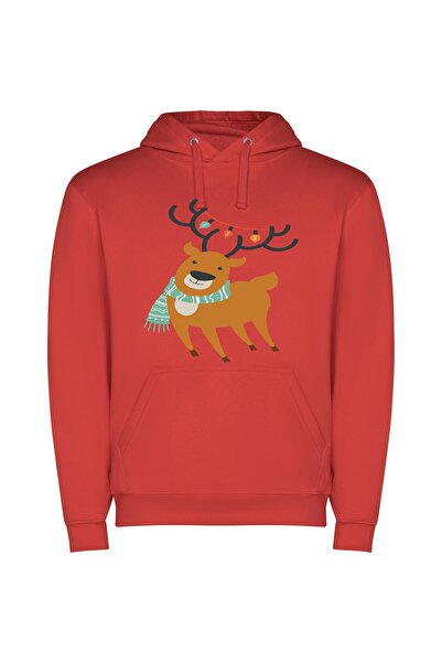 iLovePrints Fashionable Festive Deer Φούτερ με κουκούλα σε χρώμα Κόκκινο