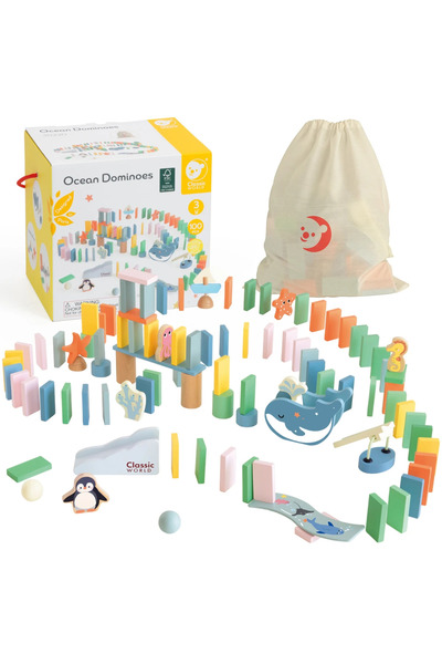 Classic World Domino din lemn, traseu logic cu obstacole, puzzle Montessori, ...