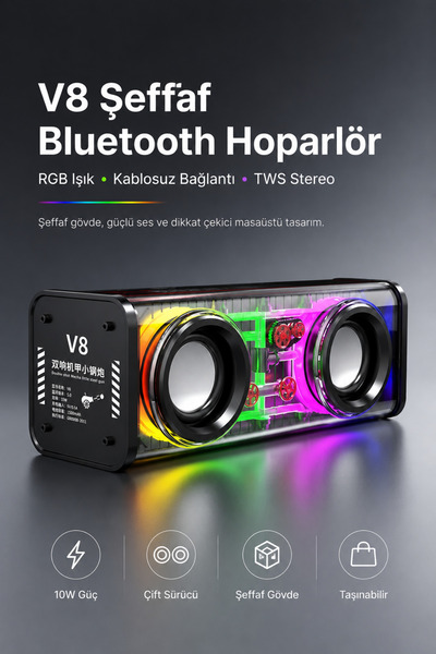 Tinytek V8 Taşınabilir Siyah Bluetooth Hoparlör - Şeffaf Mecha Tasarımlı 10W ...
