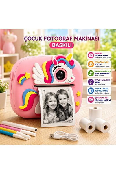 Pembe Unicorm Tasarımlı Anında Baskılı Çocuk Fotoğraf Makinesi 1080P Dijital Çocuk Kamerası
