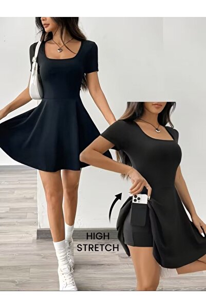 Gökyüzü Moda Women's Short Sleeve Square Collar Pocket Detailed Diving Suit J...