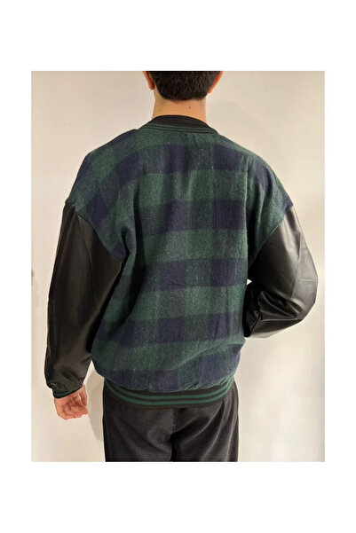 oniks store Men's Gingham Pattern Embroidered College Jacket - Khaki