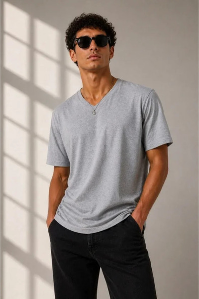 MODA ŞEHRİ Men's V-Neck Basic T-Shirt Short Sleeve Summer Regular Fit T-Shirt...