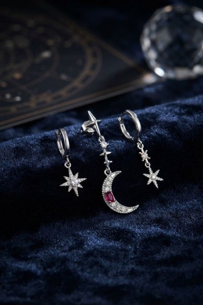 naque Silver Color 3-Piece Moon and Star Model Earrings Tj-Bkp11965