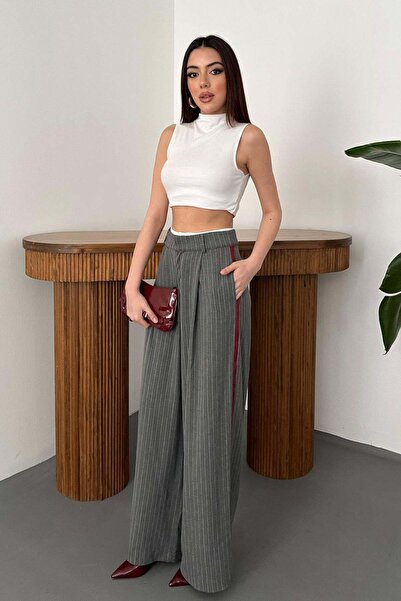 Moda Days Women's Gray Palazzo Trousers Striped Burgundy Side Stripe High Wai...