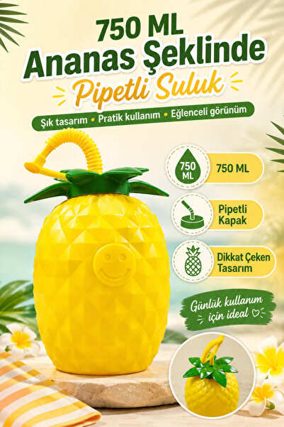 Anadolu Saray 750 ML Ananas Şeklinde Pipetli Suluk Çocuk Matarası Eğlenceli T...
