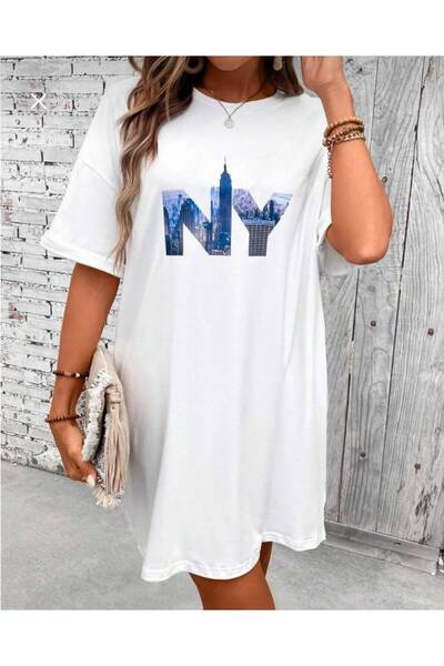 JANTIL MODA KADIN BEYAZ NY (NEW YORK) ŞEHİR BASKILI BİSİKLET YAKA EXTRA LONG ...