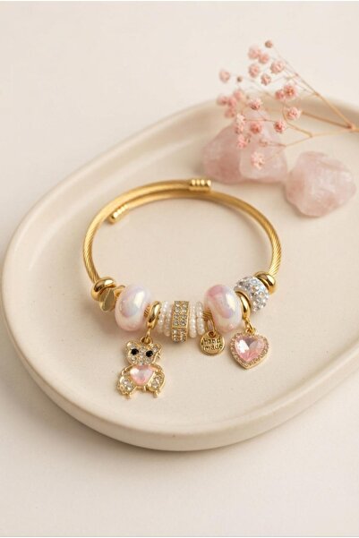 Generic Brand Teddy Bear Model Gold Color Pink Charm Bracelet
