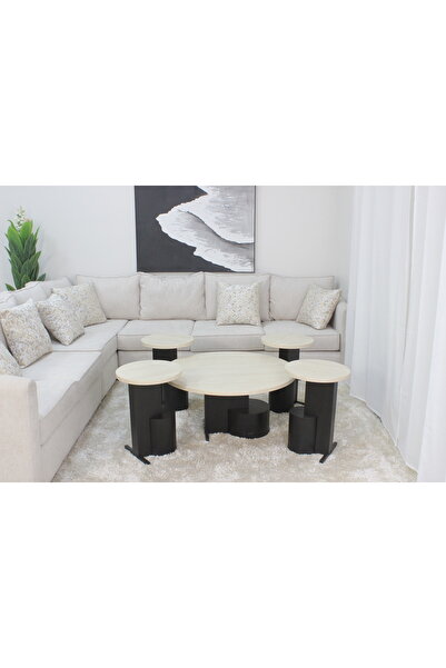 GLAMOURE HOME طقم طاولة تقديم دائرية مع 4 طاولات خدمة جانبية متداخلة.