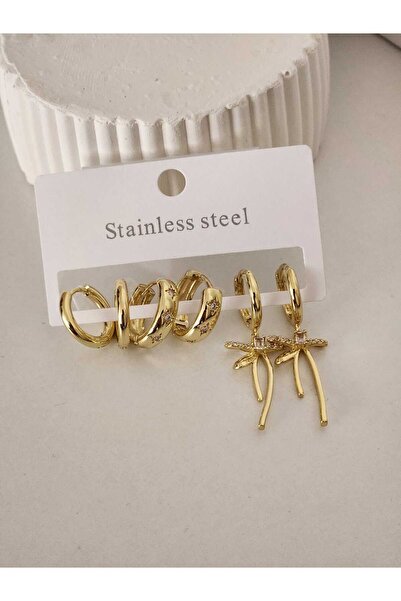MİNAMOURE STORE Kadın Gold Çelik 6'lı Çoklu Küpe Seti Zirkon Taşlı Fiyonk Ve ...