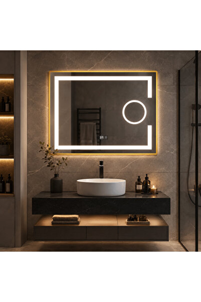 shark design LED огледало 80×60 см със златиста рамка с ефект на шлайфано зла...