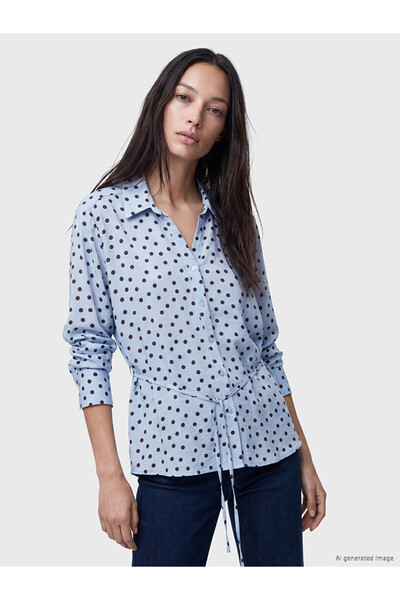LC Waikiki Blue Polka Dot Satin Women's Shirt with Belt