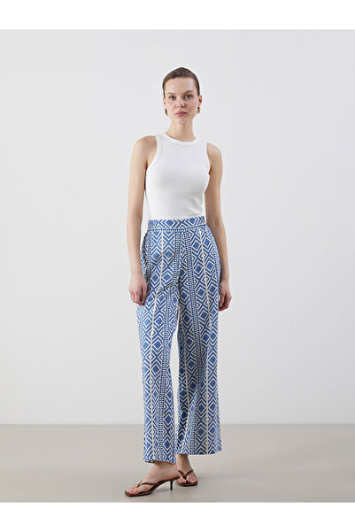 LC Waikiki Blue Elastic Waist Patterned Wide Leg Women's Trousers