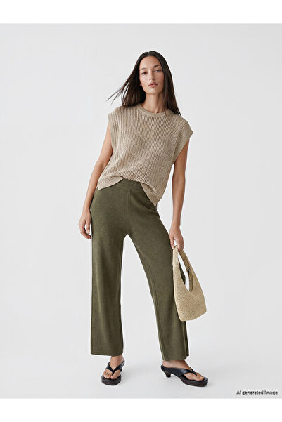 LC Waikiki Khaki Wide Leg Women's Trousers with Elastic Waist