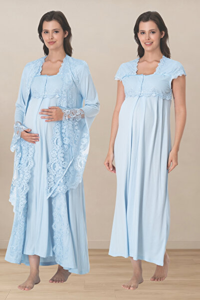 Generic Brand Lace Detailed Maternity Dressing Gown Set - Cotton Nightgown Se...