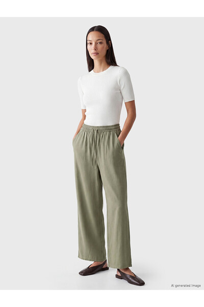 LC Waikiki Khaki Wide Leg Women's Trousers with Elastic Waist
