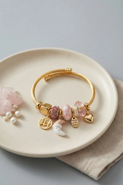 ARMÜZ Women's Bracelet with Moon and Heart Pink Charms