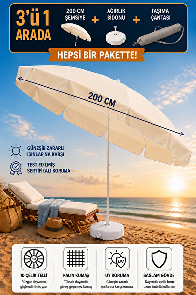 Durul Plaj Şemsiyesi , Güneş ve Balkon Şemsiyesi 200 Cm - Ağırlık Bidonu - Ta...