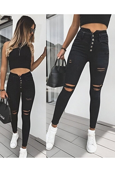 Efnaz style بنطال جينز ممزق بخصر 5 أزرار على شكل حرف V للسيدات