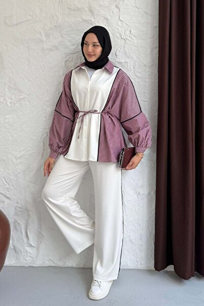 Modaensarbutik Biye Kemerli Çizgili Gömlek Detaylı Pantolonlu Tesettür Takım-...