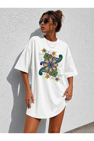 classy moda Γυναικείο μπλουζάκι Oversize Extra Long με πολύχρωμη καλλιτεχνική...