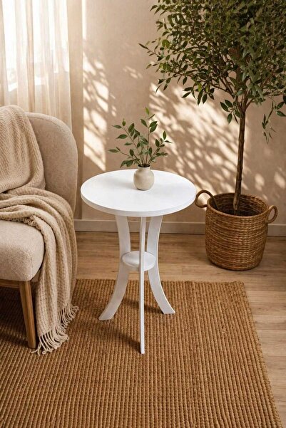 menalART Ağaç Tasarım Fiskos Beyaz Yan Sehpa 50 cm Çap - MDF ayak 60 cm Yükse...