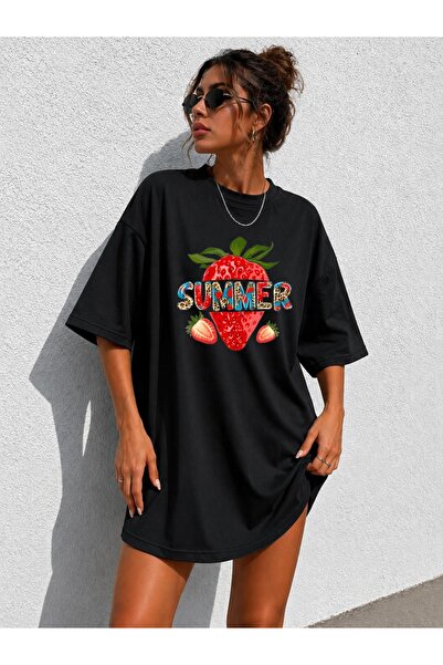 classy moda Γυναικείο μπλουζάκι με στάμπα φράουλας, oversized, εξαιρετικά μακ...