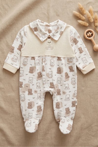 CELYSE 0-3 Months Tri̇ko Robali Muslin Fabric Bear Patterned Premium Jumpsuit - Newborn Gift Jumpsuit