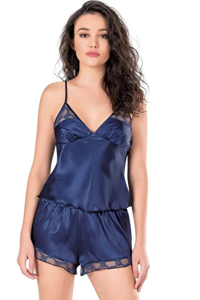 SS HOME CONCEPT Navy Blue Satin Babydoll Shorts Set