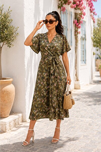 spirituel Women's Dress Long Patterned Short Sleeve Belted Double Breasted Co...
